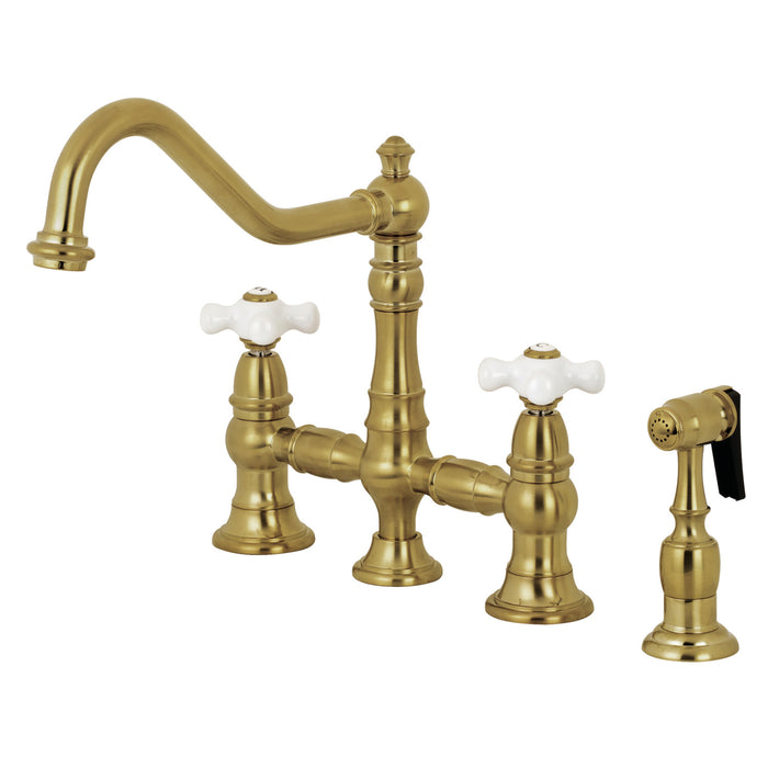Kingston Heirloom KS3277PXBS - Restoration Two-Handle 4-Hole Deck Mount Bridge Kitchen Faucet with Brass Sprayer, Brushed Brass