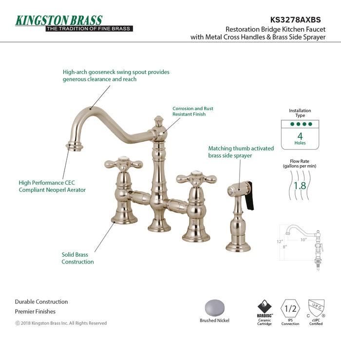 Kingston Heirloom KS3278AXBS - Restoration Two-Handle 4-Hole Deck Mount Bridge Kitchen Faucet with Brass Sprayer, Brushed Nickel