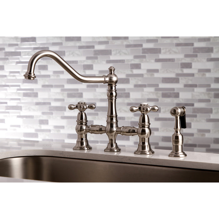 Kingston Heirloom KS3278AXBS - Restoration Two-Handle 4-Hole Deck Mount Bridge Kitchen Faucet with Brass Sprayer, Brushed Nickel
