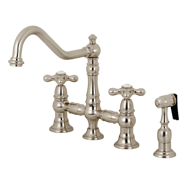 Kingston Heirloom KS3278AXBS - Restoration Two-Handle 4-Hole Deck Mount Bridge Kitchen Faucet with Brass Sprayer, Brushed Nickel