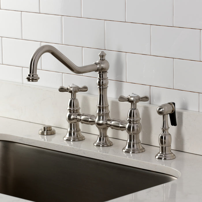 Kingston Heirloom KS3278BEXBS - Essex Two-Handle 4-Hole Deck Mount Bridge Kitchen Faucet with Brass Sprayer, Brushed Nickel