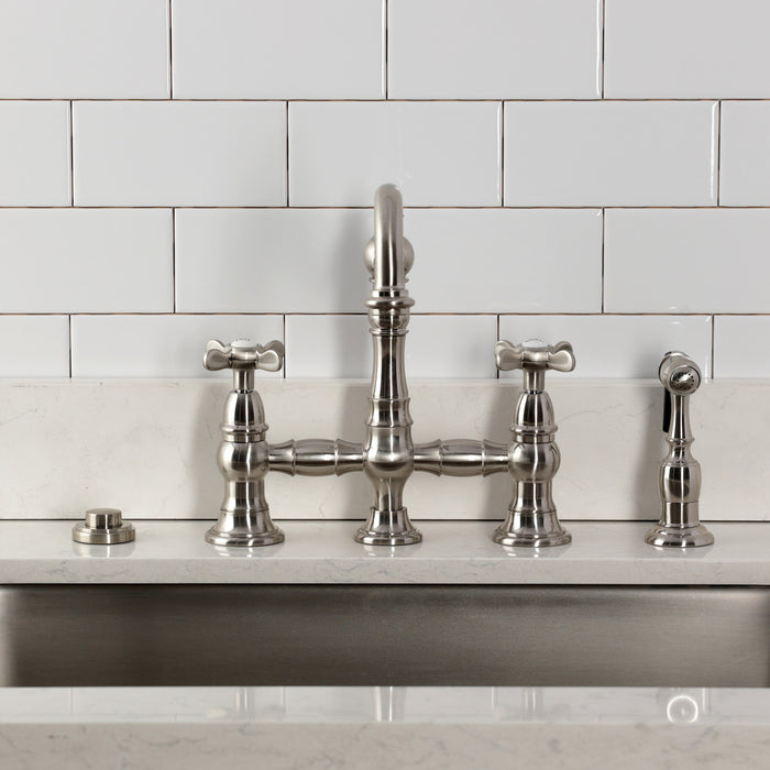 Kingston Heirloom KS3278BEXBS - Essex Two-Handle 4-Hole Deck Mount Bridge Kitchen Faucet with Brass Sprayer, Brushed Nickel