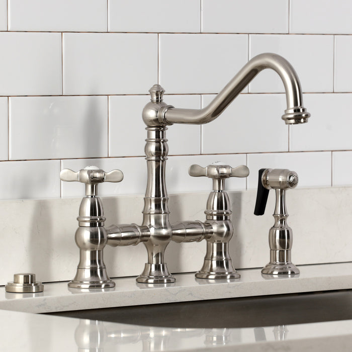 Kingston Heirloom KS3278BEXBS - Essex Two-Handle 4-Hole Deck Mount Bridge Kitchen Faucet with Brass Sprayer, Brushed Nickel