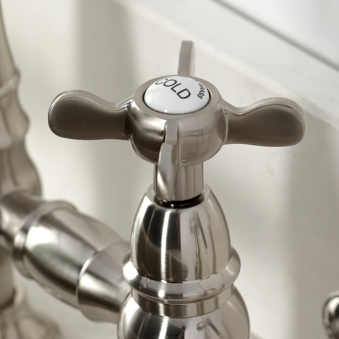 Kingston Heirloom KS3278BEXBS - Essex Two-Handle 4-Hole Deck Mount Bridge Kitchen Faucet with Brass Sprayer, Brushed Nickel