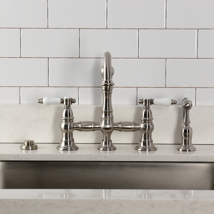 Kingston Heirloom KS3278BPLBS - Bel-Air Two-Handle 4-Hole Deck Mount Bridge Kitchen Faucet with Brass Sprayer, Brushed Nickel