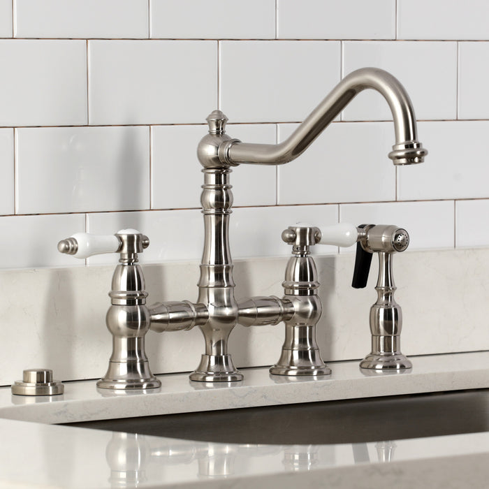 Kingston Heirloom KS3278BPLBS - Bel-Air Two-Handle 4-Hole Deck Mount Bridge Kitchen Faucet with Brass Sprayer, Brushed Nickel