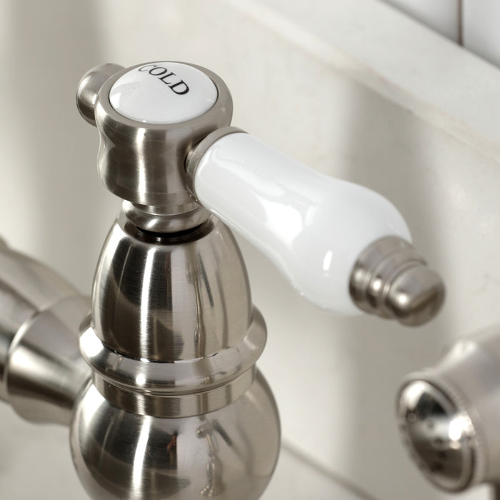 Kingston Heirloom KS3278BPLBS - Bel-Air Two-Handle 4-Hole Deck Mount Bridge Kitchen Faucet with Brass Sprayer, Brushed Nickel