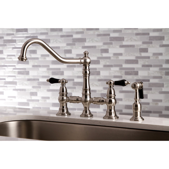Kingston Heirloom KS3278PKLBS - Duchess Two-Handle 4-Hole Deck Mount Bridge Kitchen Faucet with Brass Sprayer, Brushed Nickel