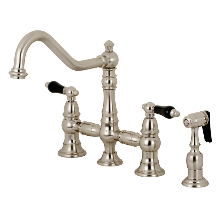 Kingston Heirloom KS3278PKLBS - Duchess Two-Handle 4-Hole Deck Mount Bridge Kitchen Faucet with Brass Sprayer, Brushed Nickel