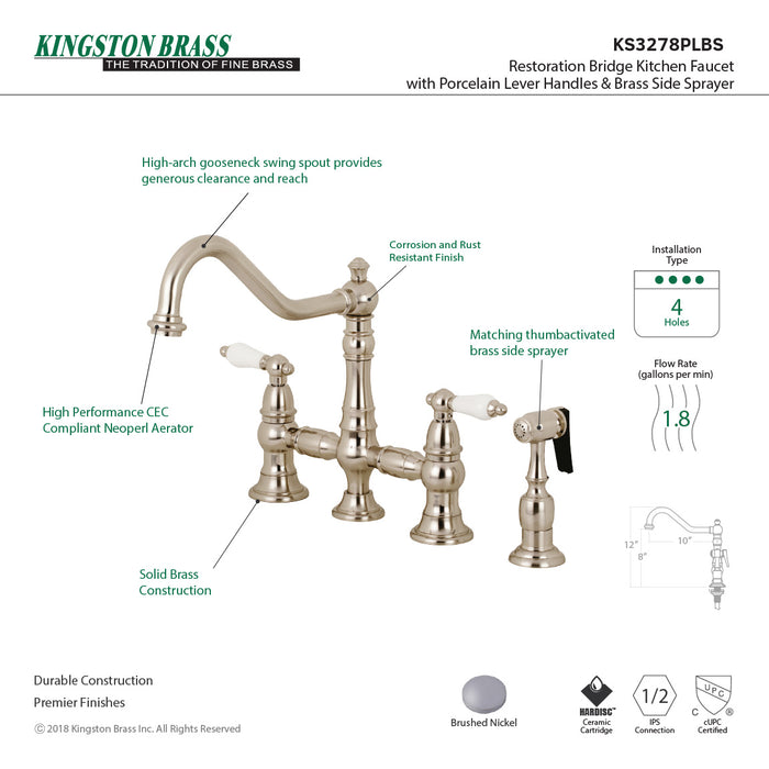 Kingston Heirloom KS3278PLBS - Restoration Two-Handle 4-Hole Deck Mount Bridge Kitchen Faucet with Brass Sprayer, Brushed Nickel