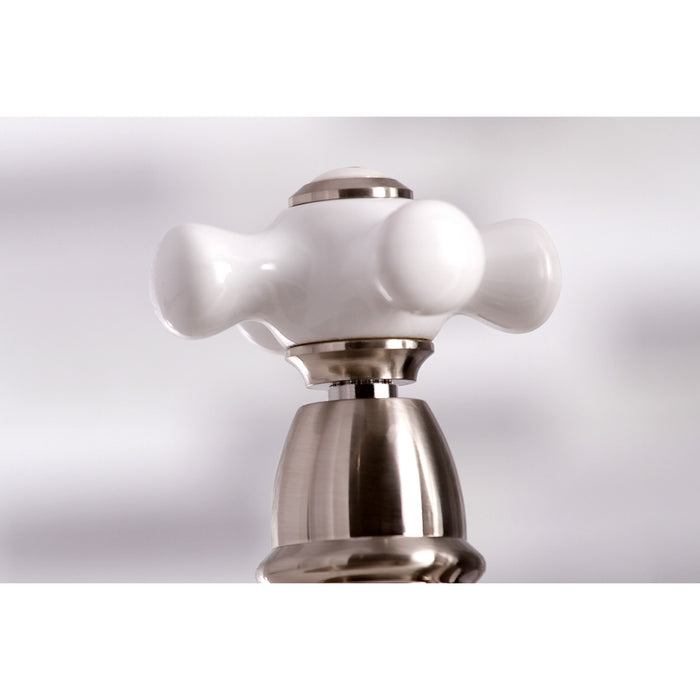 Kingston Heirloom KS3278PXBS - Restoration Two-Handle 4-Hole Deck Mount Bridge Kitchen Faucet with Brass Sprayer, Brushed Nickel