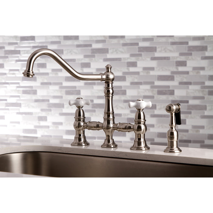 Kingston Heirloom KS3278PXBS - Restoration Two-Handle 4-Hole Deck Mount Bridge Kitchen Faucet with Brass Sprayer, Brushed Nickel
