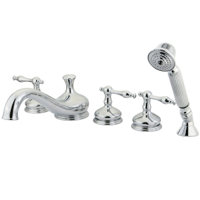 Kingston Tulare KS33315NL - Roman Three-Handle 5-Hole Deck Mount Roman Tub Faucet with Hand Shower, Polished Chrome