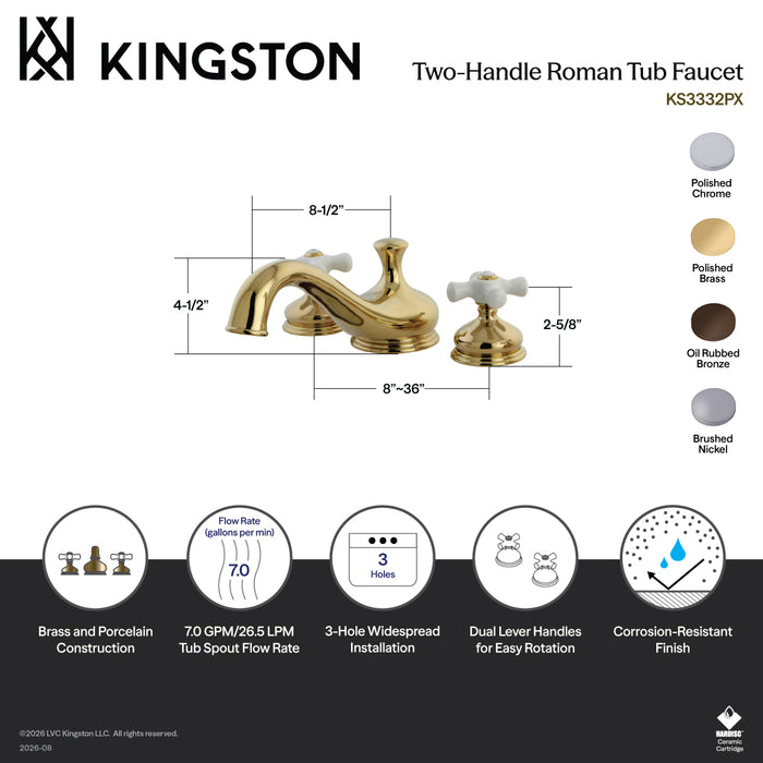 Kingston Heirloom KS3331PX - Heritage Two-Handle 3-Hole Deck Mount Roman Tub Faucet, Polished Chrome