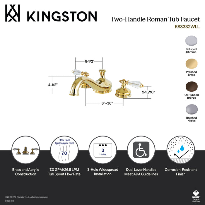 Kingston Heirloom KS3331WLL - Wilshire Two-Handle 3-Hole Deck Mount Roman Tub Faucet, Polished Chrome