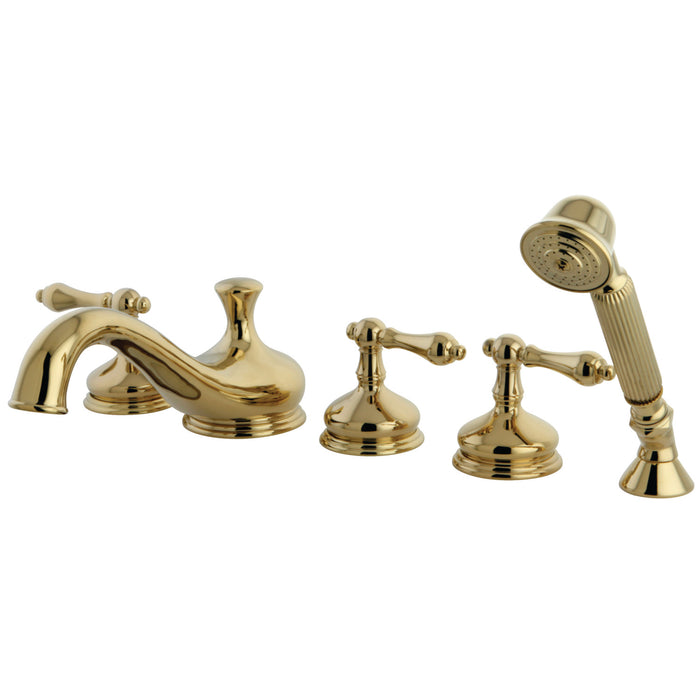 Kingston Heirloom KS33325AL - Restoration Three-Handle 5-Hole Deck Mount Roman Tub Faucet with Hand Shower, Polished Brass