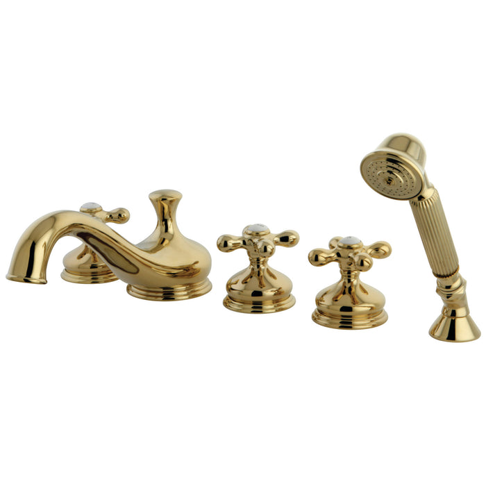 Kingston Heirloom KS33325AX - Milano Three-Handle 5-Hole Deck Mount Roman Tub Faucet with Hand Shower, Polished Brass