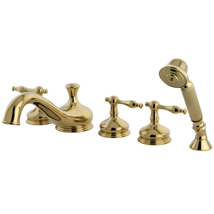 Kingston Tulare KS33325NL - Roman Three-Handle 5-Hole Deck Mount Roman Tub Faucet with Hand Shower, Polished Brass
