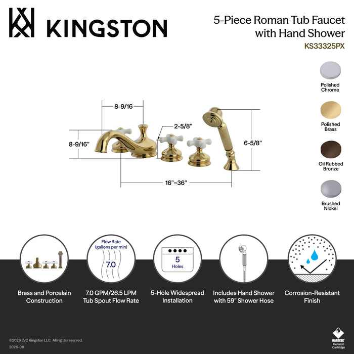 Kingston Heirloom KS33325PX Three-Handle 5-Hole Deck Mount Roman Tub Faucet with Hand Shower, Polished Brass
