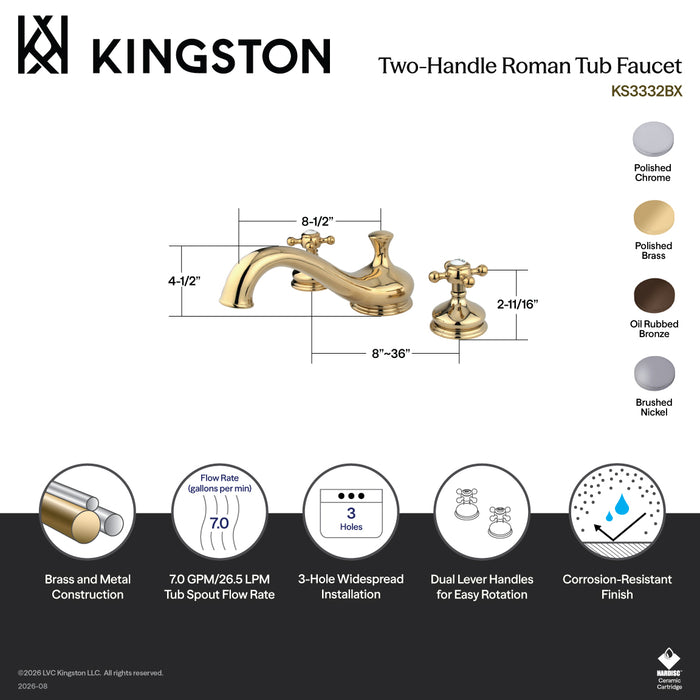 Kingston Heirloom KS3332BX - Vintage Two-Handle 3-Hole Deck Mount Roman Tub Faucet, Polished Brass