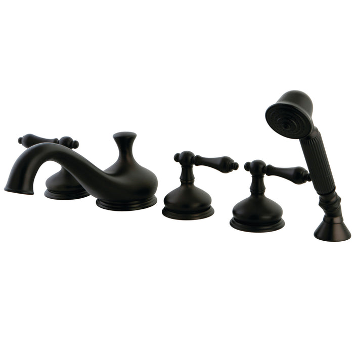 Kingston Heirloom KS33355AL - Restoration Three-Handle 5-Hole Deck Mount Roman Tub Faucet with Hand Shower, Oil Rubbed Bronze