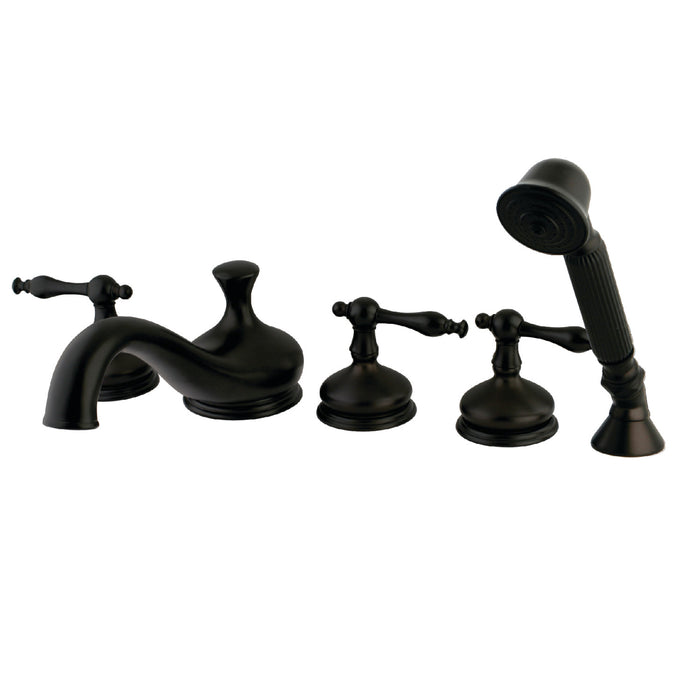 Kingston Tulare KS33355NL - Roman Three-Handle 5-Hole Deck Mount Roman Tub Faucet with Hand Shower, Oil Rubbed Bronze