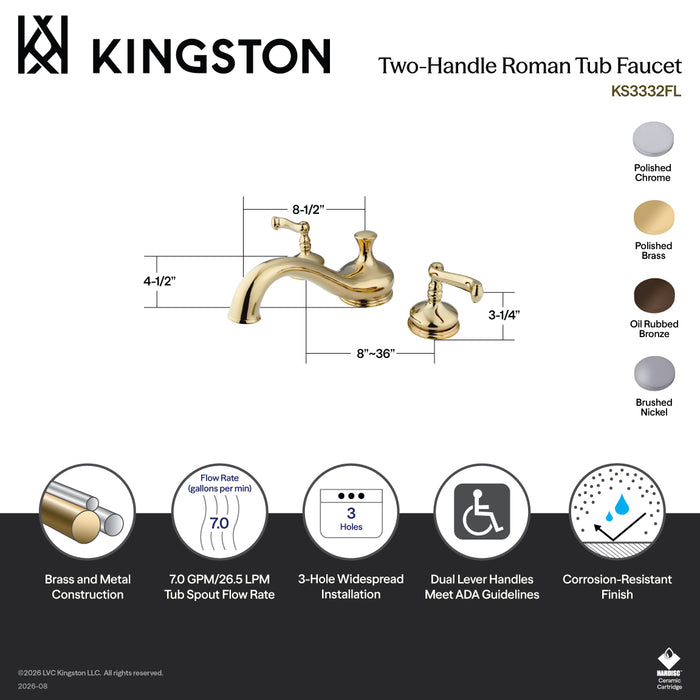 Kingston Tulare KS3335FL - Royale Two-Handle 3-Hole Deck Mount Roman Tub Faucet, Oil Rubbed Bronze