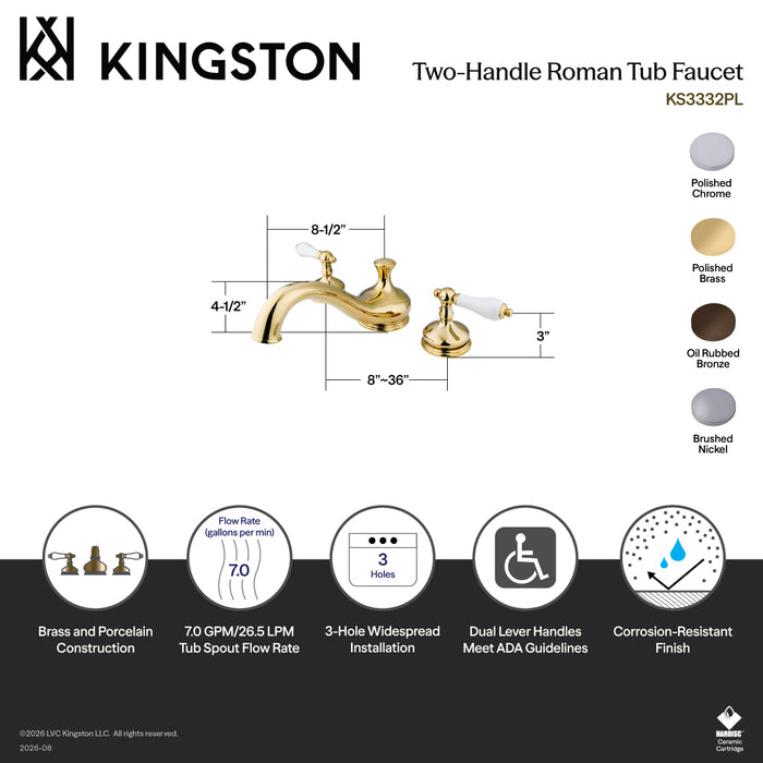 Kingston Heirloom KS3335PL - Heritage Two-Handle 3-Hole Deck Mount Roman Tub Faucet, Oil Rubbed Bronze