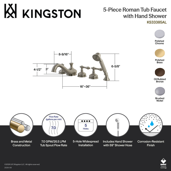 Kingston Heirloom KS33385AL - Restoration Three-Handle 5-Hole Deck Mount Roman Tub Faucet with Hand Shower, Brushed Nickel