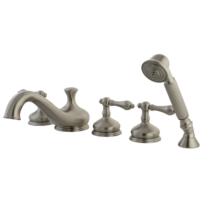 Kingston Heirloom KS33385AL - Restoration Three-Handle 5-Hole Deck Mount Roman Tub Faucet with Hand Shower, Brushed Nickel