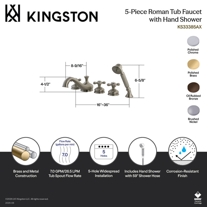 Kingston Heirloom KS33385AX - Milano Three-Handle 5-Hole Deck Mount Roman Tub Faucet with Hand Shower, Brushed Nickel