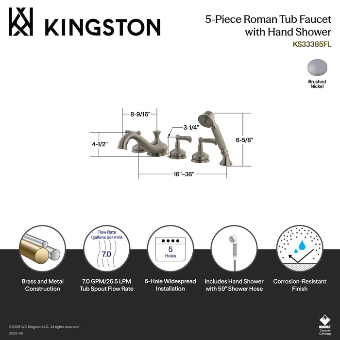 Kingston Tulare KS33385FL - Roman Three-Handle 5-Hole Deck Mount Roman Tub Faucet with Hand Shower, Brushed Nickel
