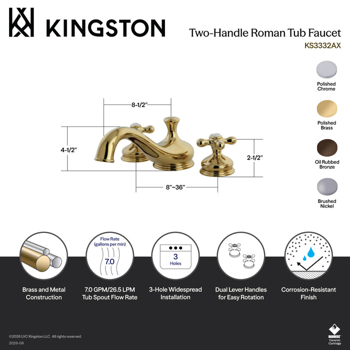 Kingston Heirloom KS3338AX - Heritage Two-Handle 3-Hole Deck Mount Roman Tub Faucet, Brushed Nickel