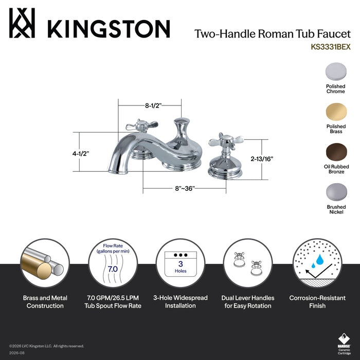 Kingston Heirloom KS3338BEX - Essex Two-Handle 3-Hole Deck Mount Roman Tub Faucet, Brushed Nickel