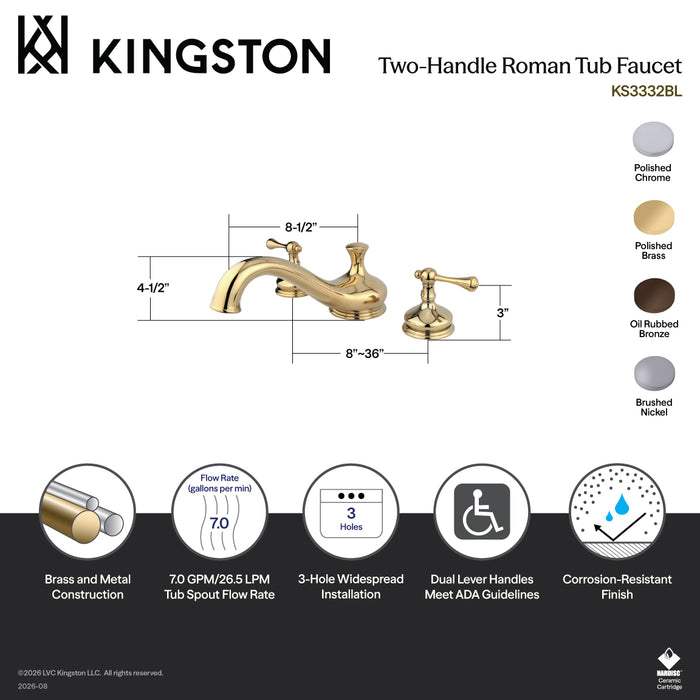 Kingston Heirloom KS3338BL - Vintage Two-Handle 3-Hole Deck Mount Roman Tub Faucet, Brushed Nickel