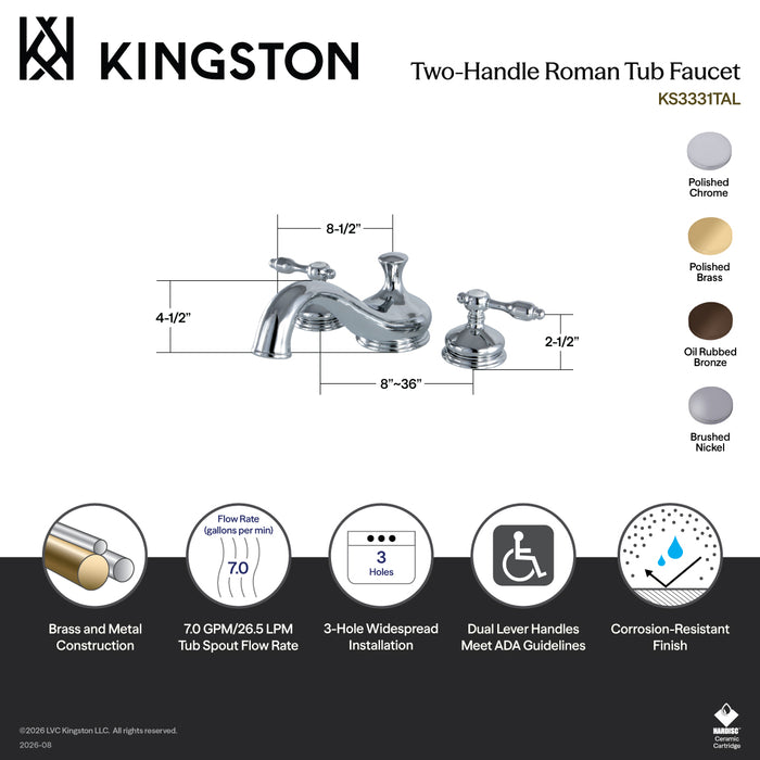 Kingston Heirloom KS3338TAL - Tudor Two-Handle 3-Hole Deck Mount Roman Tub Faucet, Brushed Nickel