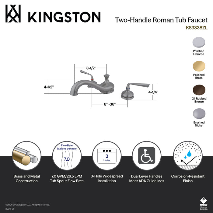 Kingston Tulare KS3338ZL - Silver Sage Two-Handle 3-Hole Deck Mount Roman Tub Faucet, Brushed Nickel