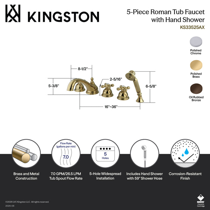 Kingston Heirloom KS33515AX - Magellan Three-Handle 5-Hole Deck Mount Roman Tub Faucet with Hand Shower, Polished Chrome
