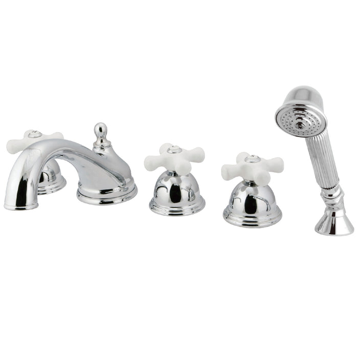 Kingston Heirloom KS33515PX - Milano Three-Handle 5-Hole Deck Mount Roman Tub Faucet with Hand Shower, Polished Chrome