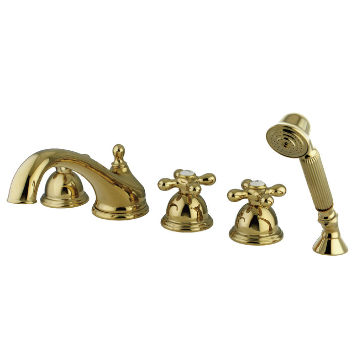 Kingston Heirloom KS33525AX - Magellan Three-Handle 5-Hole Deck Mount Roman Tub Faucet with Hand Shower, Polished Brass