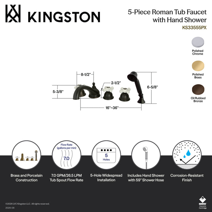 Kingston Heirloom KS33525PX - Milano Three-Handle 5-Hole Deck Mount Roman Tub Faucet with Hand Shower, Polished Brass