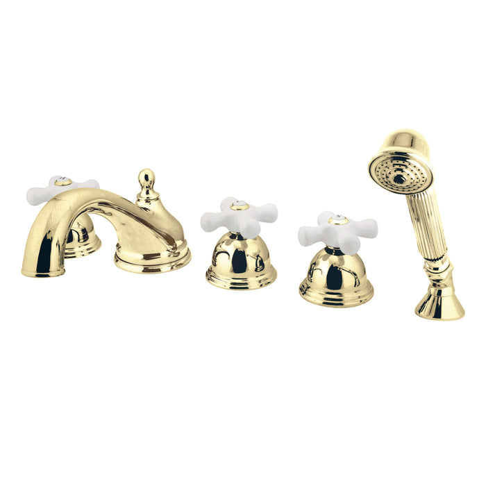 Kingston Heirloom KS33525PX - Milano Three-Handle 5-Hole Deck Mount Roman Tub Faucet with Hand Shower, Polished Brass