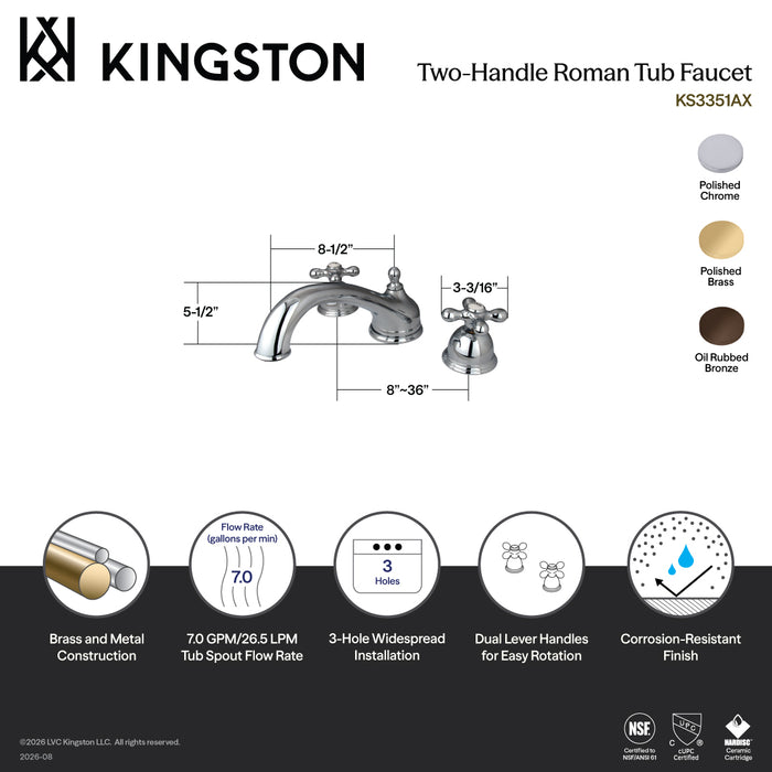 Kingston Heirloom KS3352AX - Vintage Two-Handle 3-Hole Deck Mount Roman Tub Faucet, Polished Brass