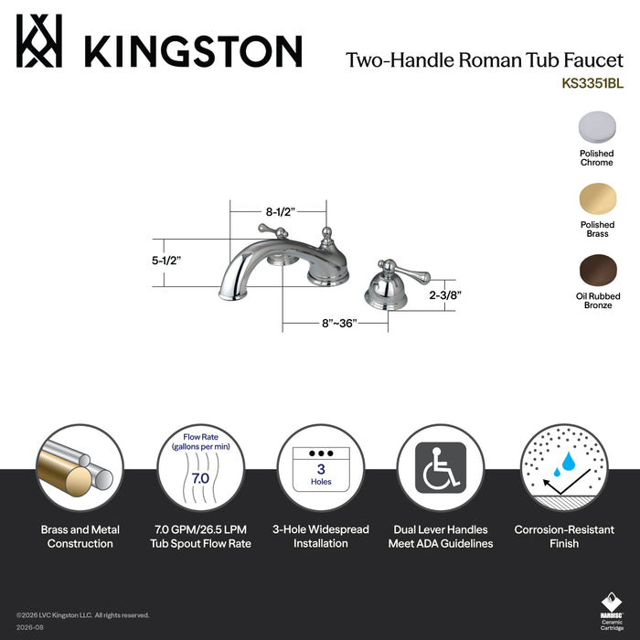 Kingston Tulare KS3352BL - Vintage Two-Handle 3-Hole Deck Mount Roman Tub Faucet, Polished Brass
