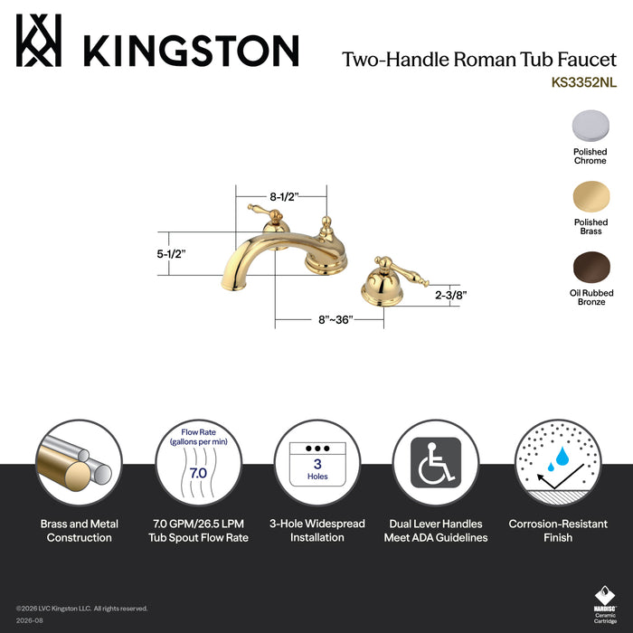 Kingston Heirloom KS3352NL - Vintage Two-Handle 3-Hole Deck Mount Roman Tub Faucet, Polished Brass