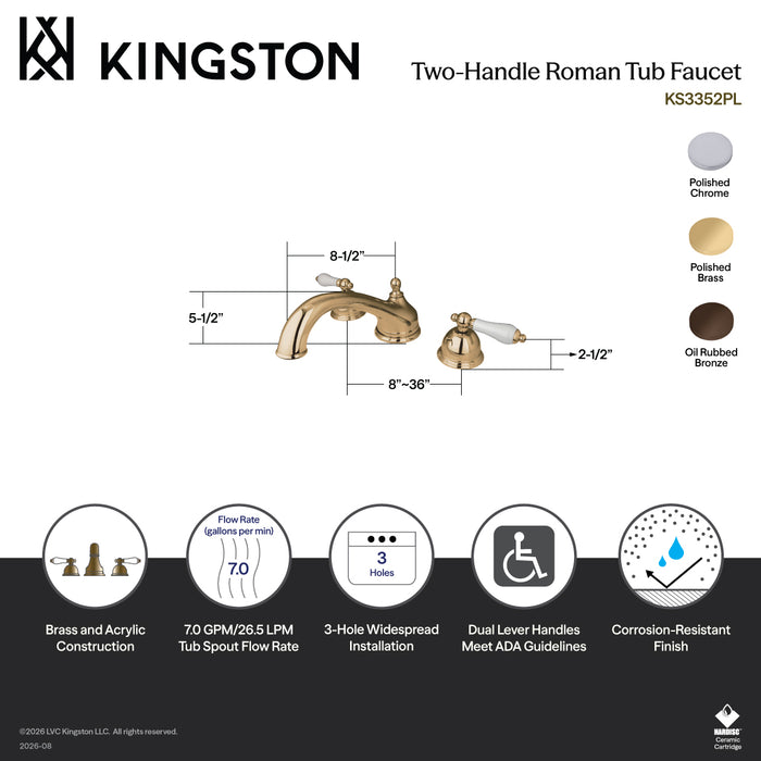 Kingston Heirloom KS3352PL - Vintage Two-Handle 3-Hole Deck Mount Roman Tub Faucet, Polished Brass