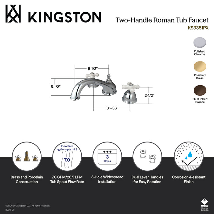Kingston Heirloom KS3352PX - Vintage Two-Handle 3-Hole Deck Mount Roman Tub Faucet, Polished Brass