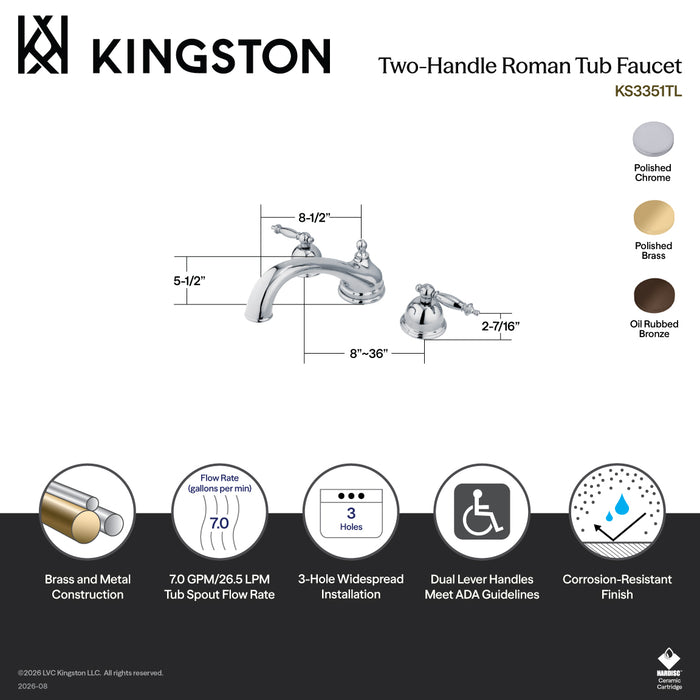 Kingston Heirloom KS3352TL - Vintage Two-Handle 3-Hole Deck Mount Roman Tub Faucet, Polished Brass