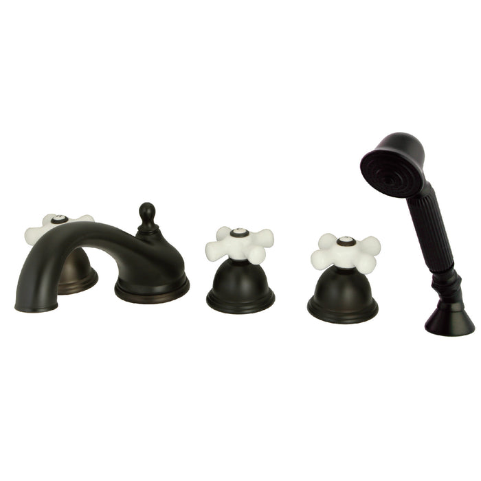 Kingston Heirloom KS33555PX - Milano Three-Handle 5-Hole Deck Mount Roman Tub Faucet with Hand Shower, Oil Rubbed Bronze