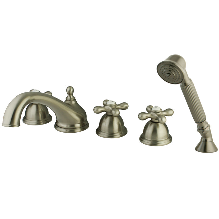 Kingston Heirloom KS33585AX - Magellan Three-Handle 5-Hole Deck Mount Roman Tub Faucet with Hand Shower, Brushed Nickel